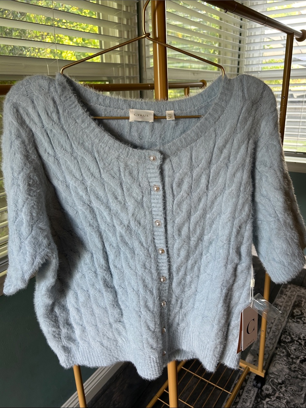 Cyrus Light Blue Cable-Knit Pearl-Button Cardigan